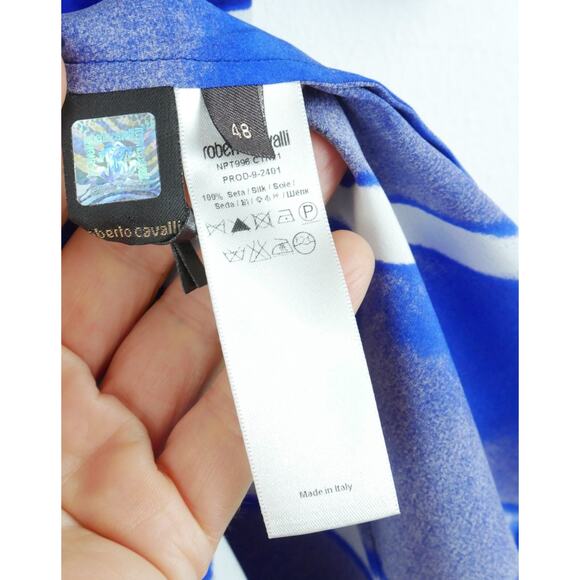 Roberto Cavalli 48 Blouse 100% Silk Blue Print Statement Sleeve Luxury Elegant - Picture 9 of 12